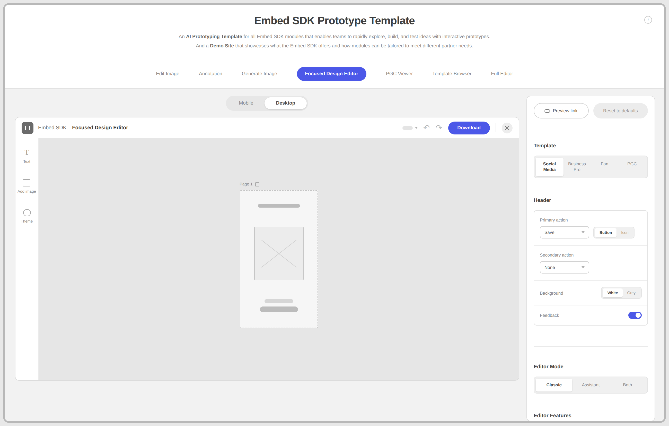 Wireframe of the Embed SDK prototype template — recreated with Claude to obscure sensitive company information
