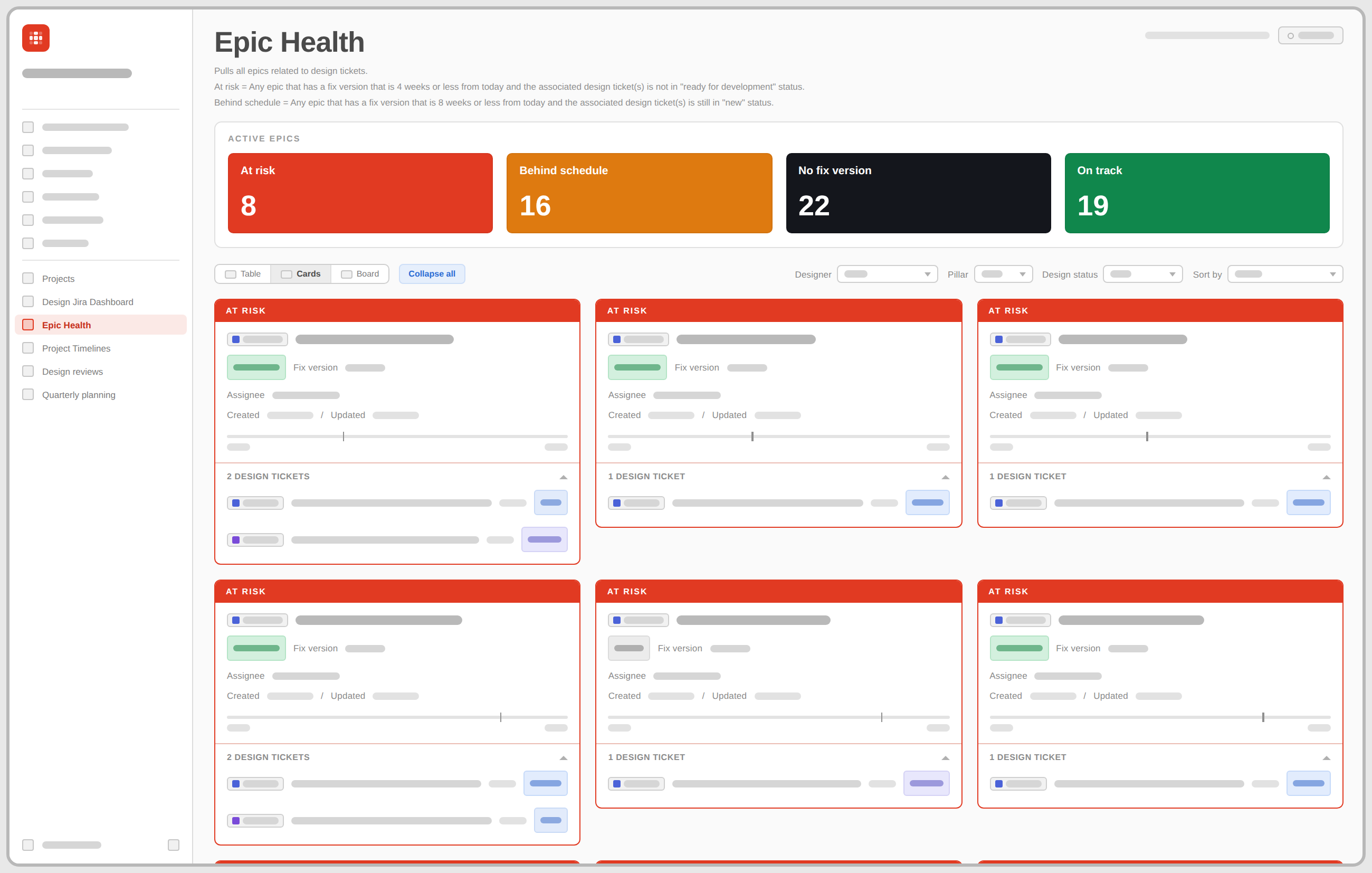 Wireframe of the Epic Health dashboard — recreated with Claude to obscure sensitive company information