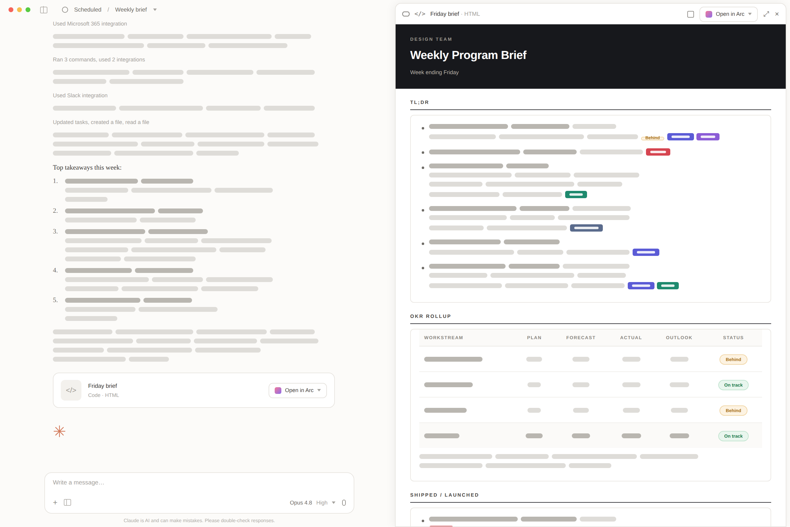 Wireframe of a weekly status rollup built in Claude — recreated to obscure sensitive company information